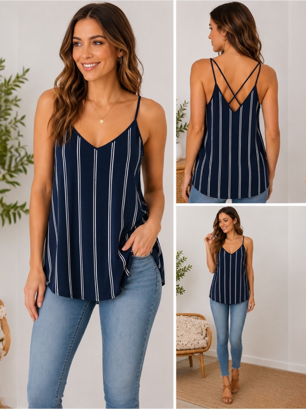 LuLaRoe Daniella Cross Back Camisole Tank Top Navy White Stripe XL